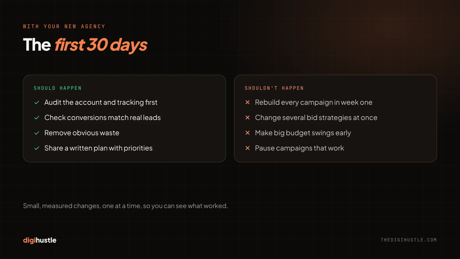 What should and shouldn't happen in the first 30 days with a new Google Ads agency